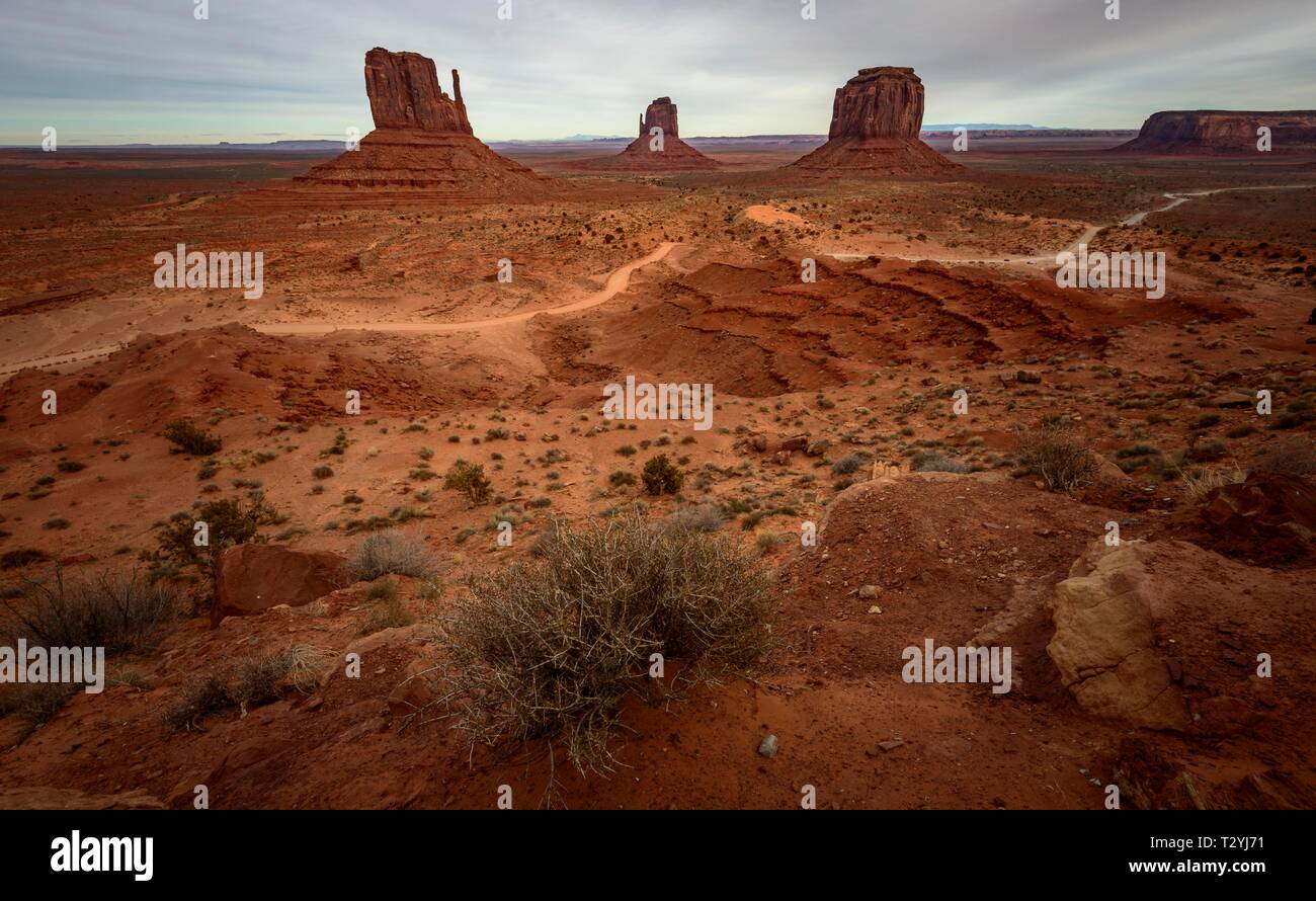 Mesas, West Mitten Butte, East Mitten Butte, Merrick Butte, une route panoramique, Monument Valley Navajo Tribal Park, Navajo Nation, Arizona, Utah, USA Banque D'Images