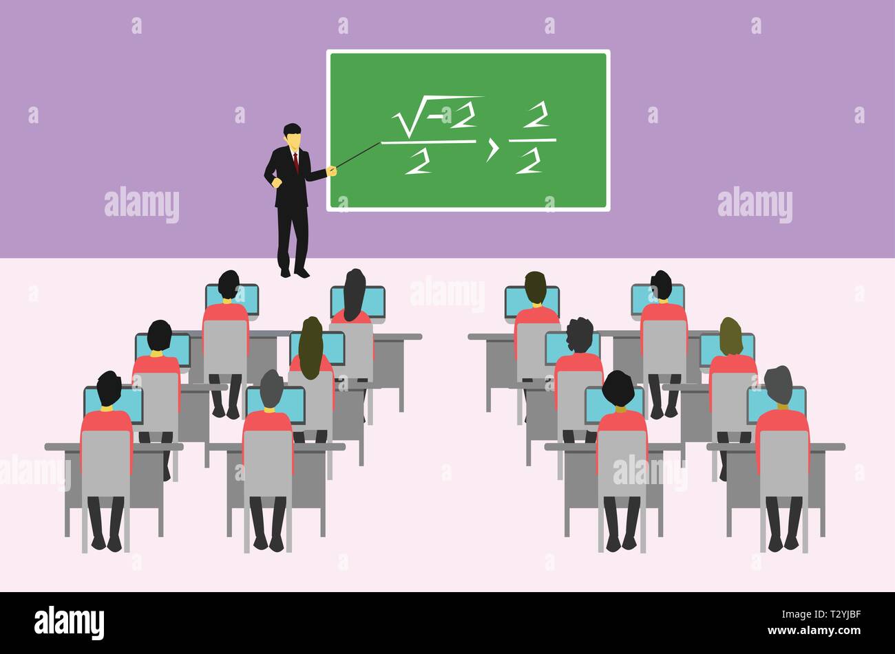 Un enseignant souligne le tableau noir d'enseigner aux élèves en classe. Illustration de Vecteur