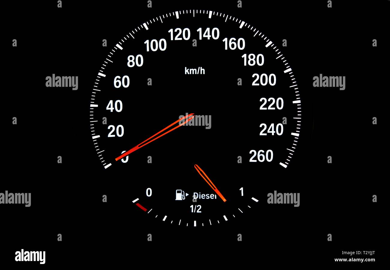 Compteur avec jauge de carburant, vitesse 0 km/h, Allemagne Banque D'Images