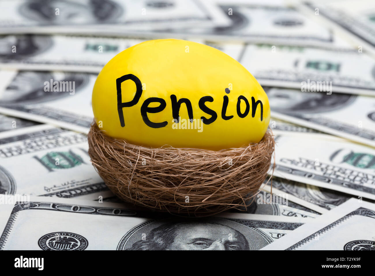 Pension jaune Egg in nest plus de cent Dollar Currency Background Banque D'Images