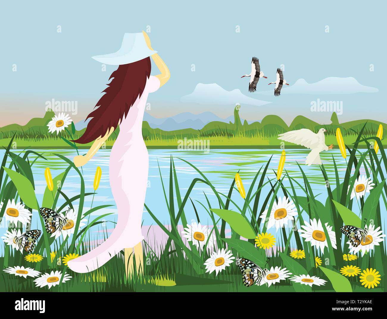 Une robe blanche femme portant un chapeau, debout au bord d'un marais avec des fleurs, papillon, oiseaux de forêts et montagnes en arrière-plan Illustration de Vecteur