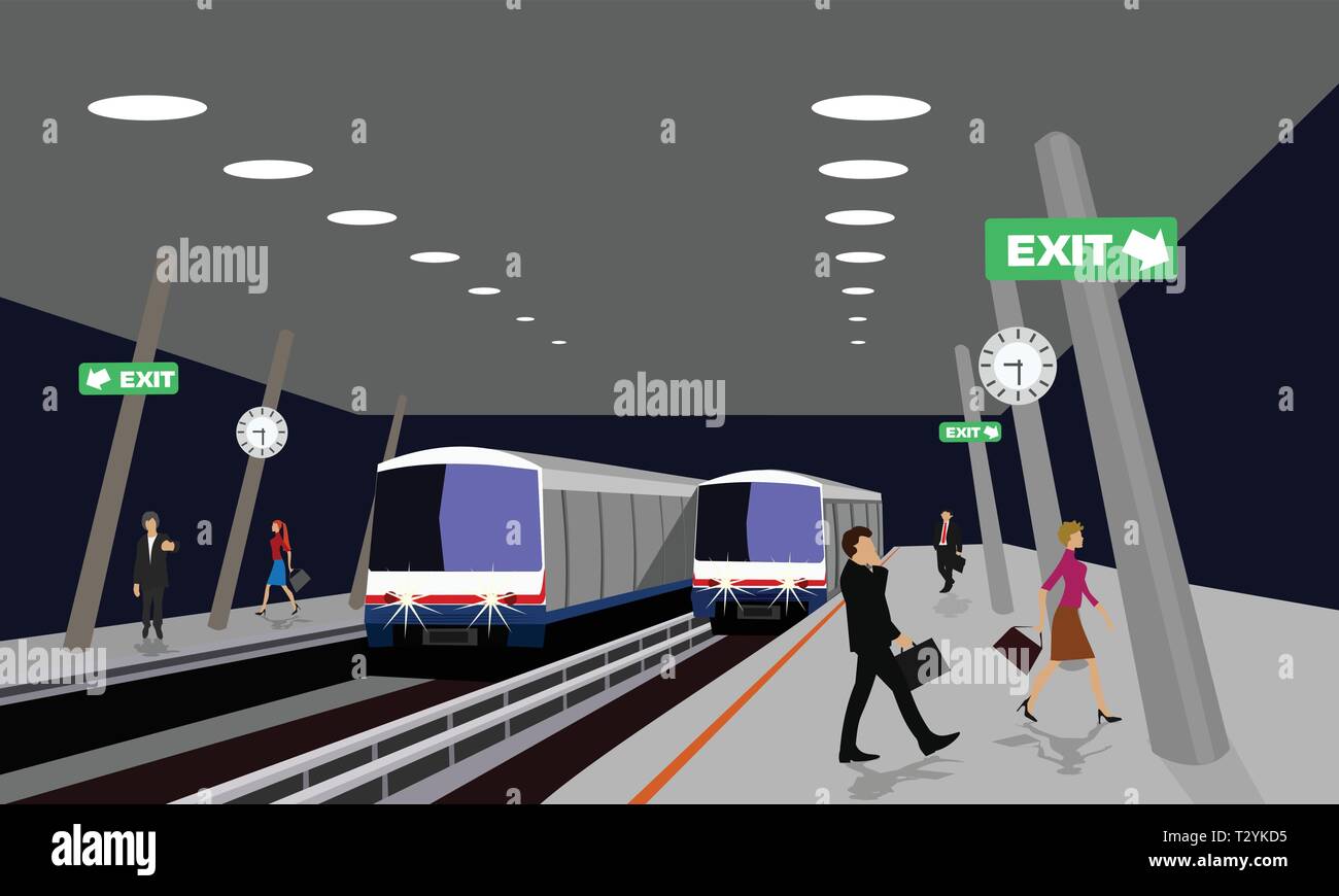 Nuit emplacement de la station de sky train avec beaucoup de gens marcher en Thailande,fond noir Illustration de Vecteur