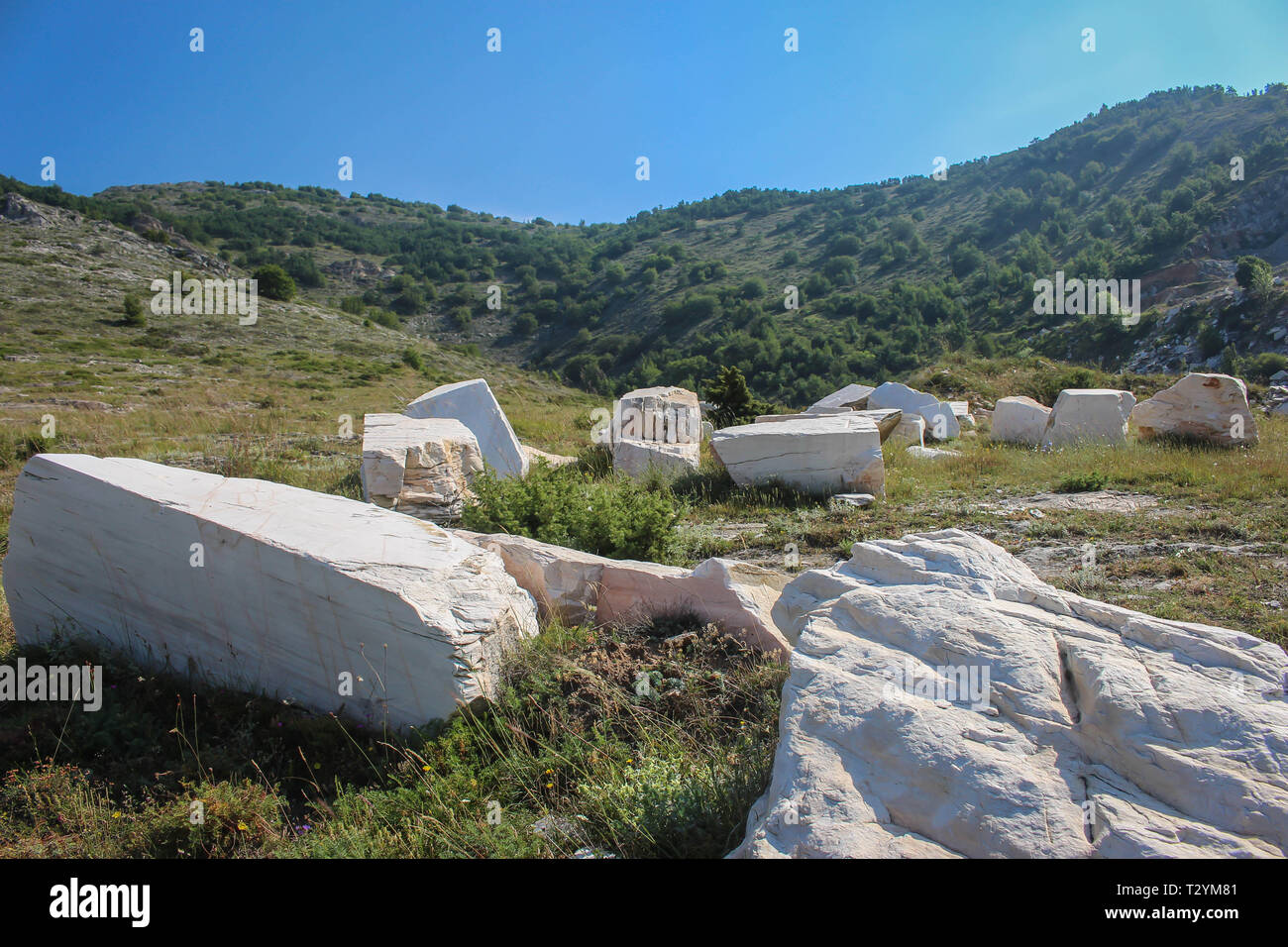 Blocs de marbre dans l'ancienne carrière en Macédoine près du village de Pletvar Banque D'Images