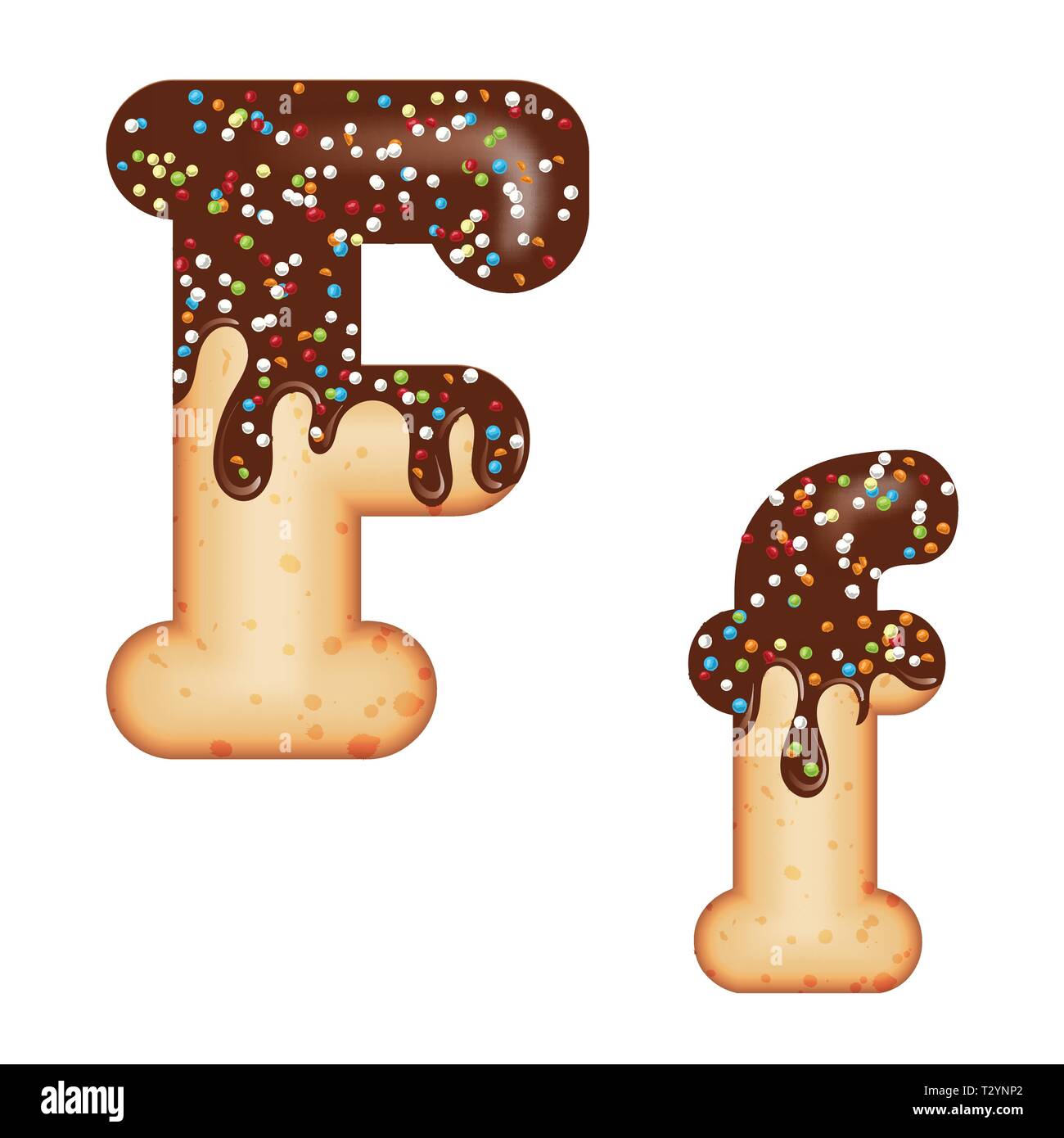 Tentant de la typographie. La conception de la police. Lettre de givrage. Sweet donut 3D LETTRE F vitrage avec crème au chocolat et bonbons. Vector Illustration de Vecteur