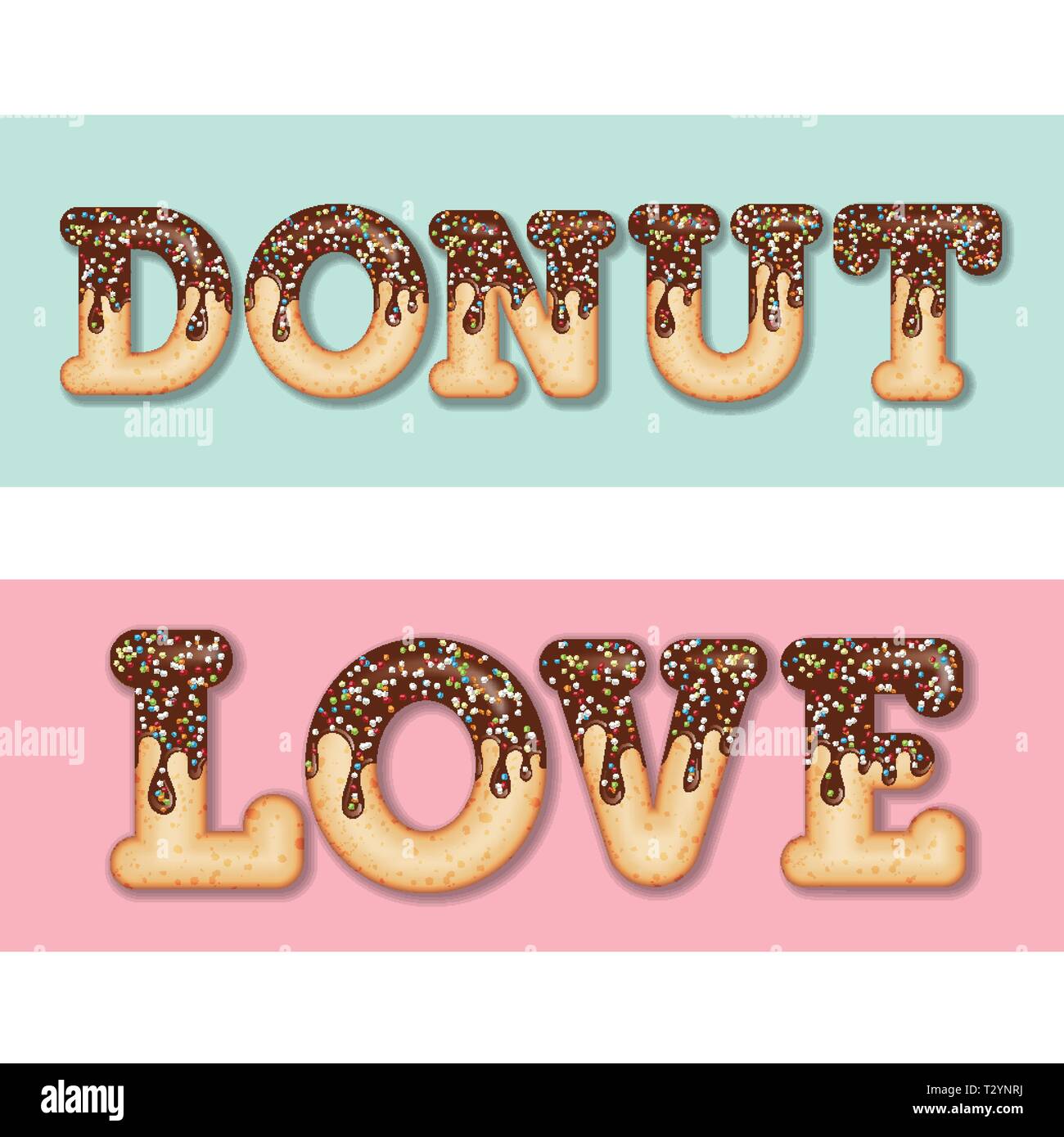 Tentant de la typographie. Texte de givrage. Mots "donut' et 'love' vitrage avec du chocolat et des bonbons. Donut lettres. Les éléments de collection. Vector Illustration de Vecteur