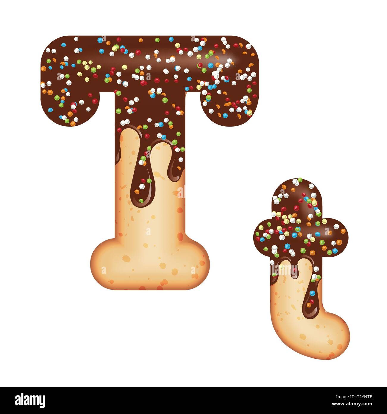 Tentant de la typographie. La conception de la police. Lettre de givrage. Sweet donut 3D LETTRE T vitrage avec crème au chocolat et bonbons. Vector Illustration de Vecteur
