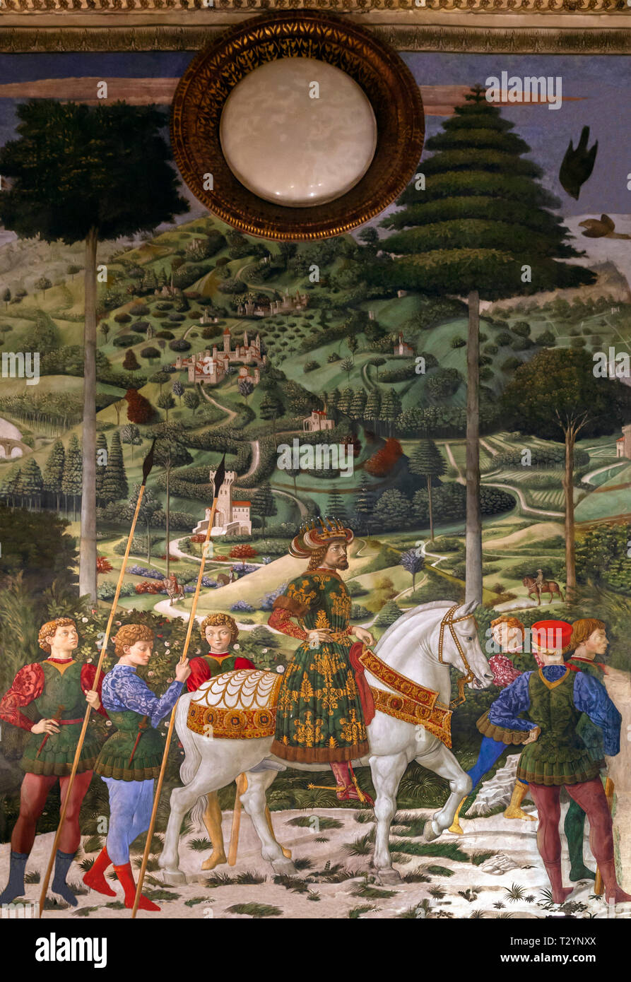 Le Roi Balthazar à cheval, empereur byzantin, Jean VIII Paléologue, Procession du Moyen King, détail de fresco cycle, Procession de la magi Banque D'Images