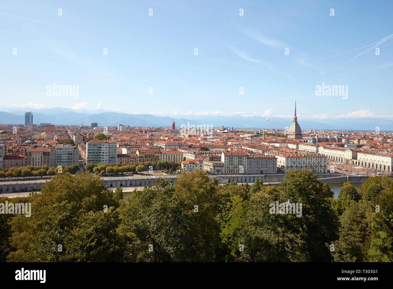 Vue panoramique sur les toits de Turin et de la Mole Antonelliana, dans un jour d'été ensoleillé en Italie Banque D'Images