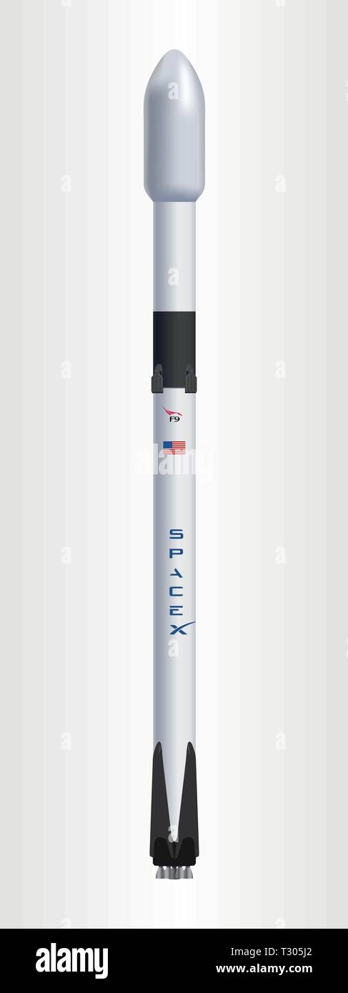 Avril 05, 2019 : Illustration de la fusée Falcon 9, produit par SpaceX. Illustration de Vecteur Avril 05, 2019 : Illustration de la fusée Falcon 9, produit par SpaceX. Illustration de Vecteur