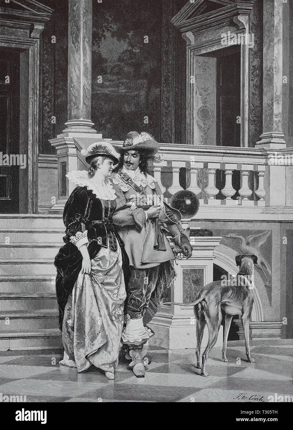 L'amélioration de la reproduction numérique, Sortie, distingués paire descend les escaliers du Palais, de chien, d'après une peinture de Tito Conti, Ausgang, vornehmes Paar geht die beteiligen des Palastes hinunter, Hund, nach einem Gemälde von Tito Conti, à partir d'un tirage original du 19ème siècle Banque D'Images L'amélioration de la reproduction numérique, Sortie, distingués paire descend les escaliers du Palais, de chien, d'après une peinture de Tito Conti, Ausgang, vornehmes Paar geht die beteiligen des Palastes hinunter, Hund, nach einem Gemälde von Tito Conti, à partir d'un tirage original du 19ème siècle Banque D'Images