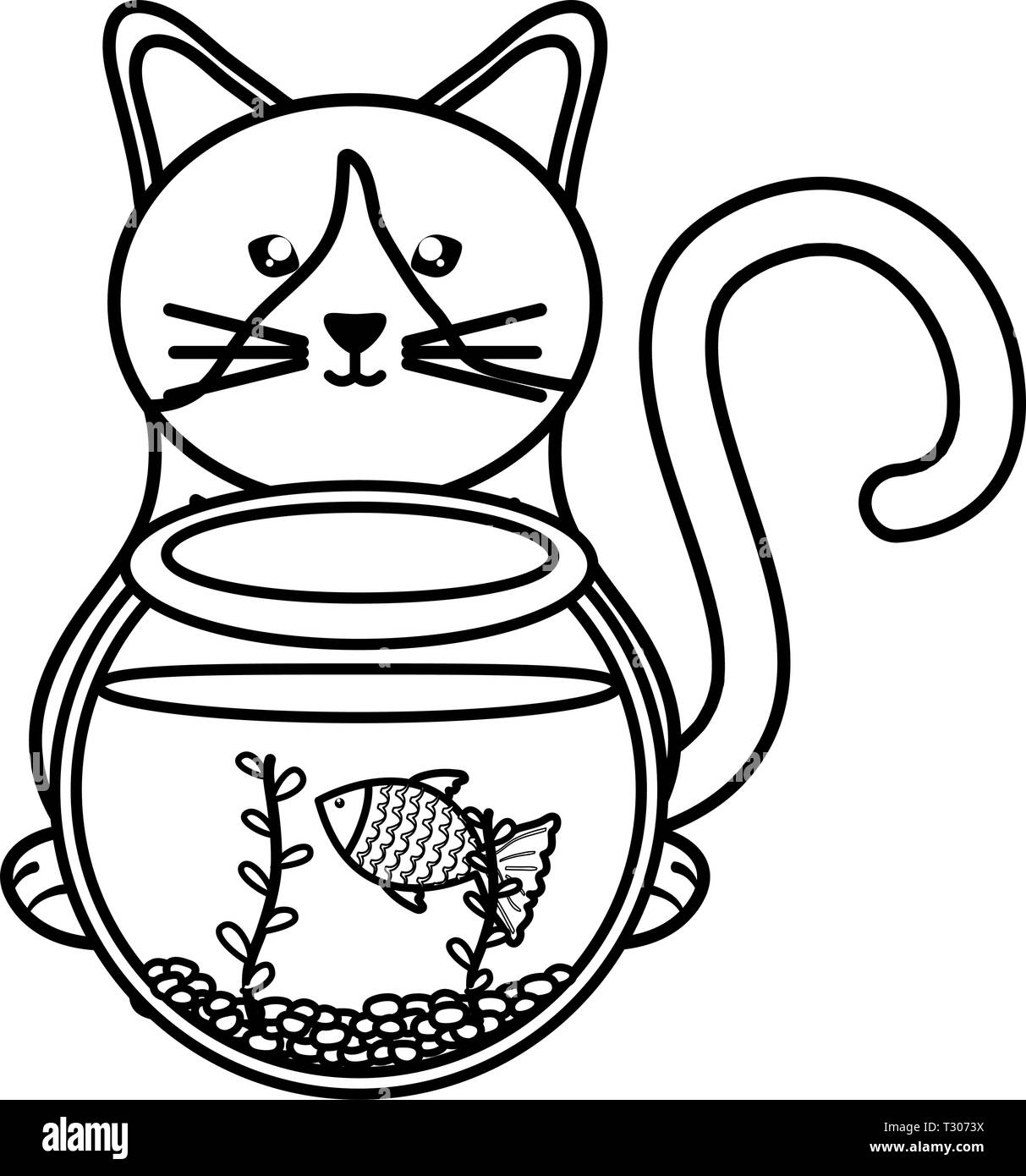 Mignon petit chat avec des poissons dans un aquarium vector illustration design Illustration de Vecteur