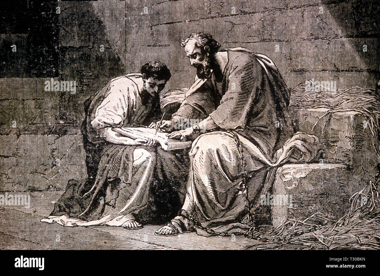 Paul écrit son Épître aux Éphésiens, lithographie ancienne Banque D'Images