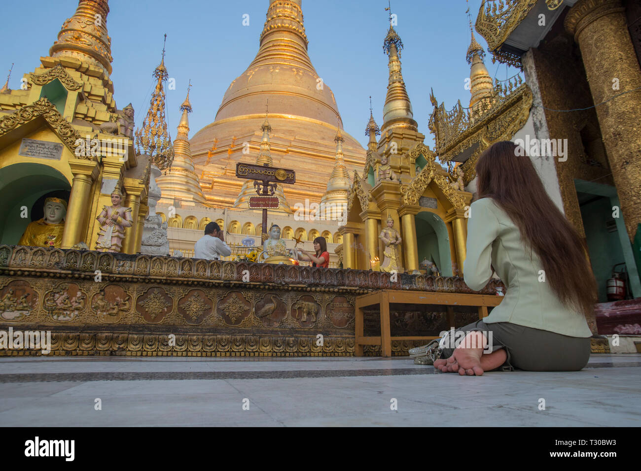 Les dévots bouddhistes birmans prier à la pagode Shwedagon, Yangon, Myanmar (Birmanie). Banque D'Images