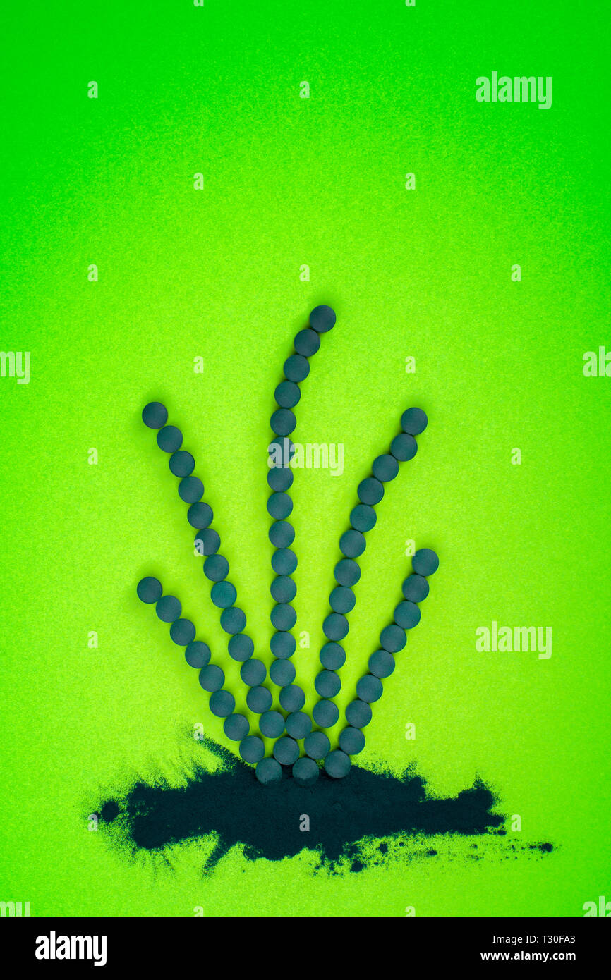 La spiruline en comprimés et poudre en forme d'algues. Superfood vert, de désintoxication. Banque D'Images