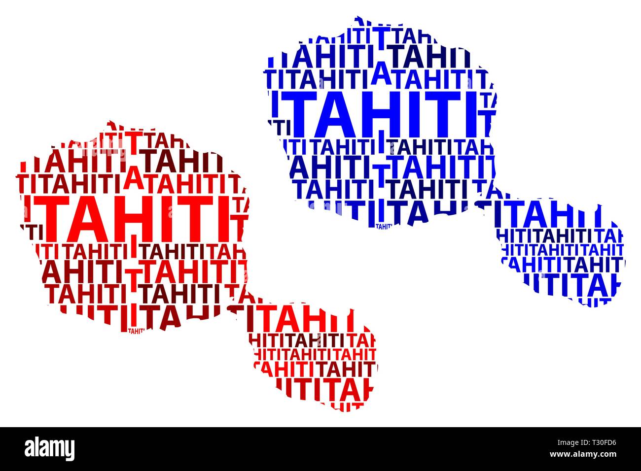 Sketch carte texte lettre de Tahiti, Otaheite - sous la forme du continent, la carte Tahiti - rouge et bleu vector illustration Illustration de Vecteur