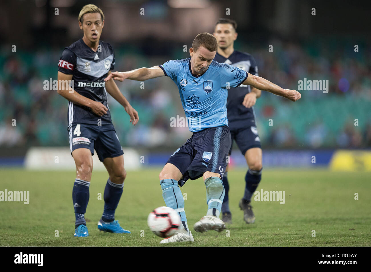 Brandon O'Neill de Sydney FC pendant le Hyundai A-League match entre Sydney Melbourne Victory FC v au Sydney Cricket Ground, Sydney, Australie, le 6 avril 2019. Photo de Peter Dovgan. Usage éditorial uniquement, licence requise pour un usage commercial. Aucune utilisation de pari, de jeux ou d'un seul club/ligue/dvd publications. Banque D'Images