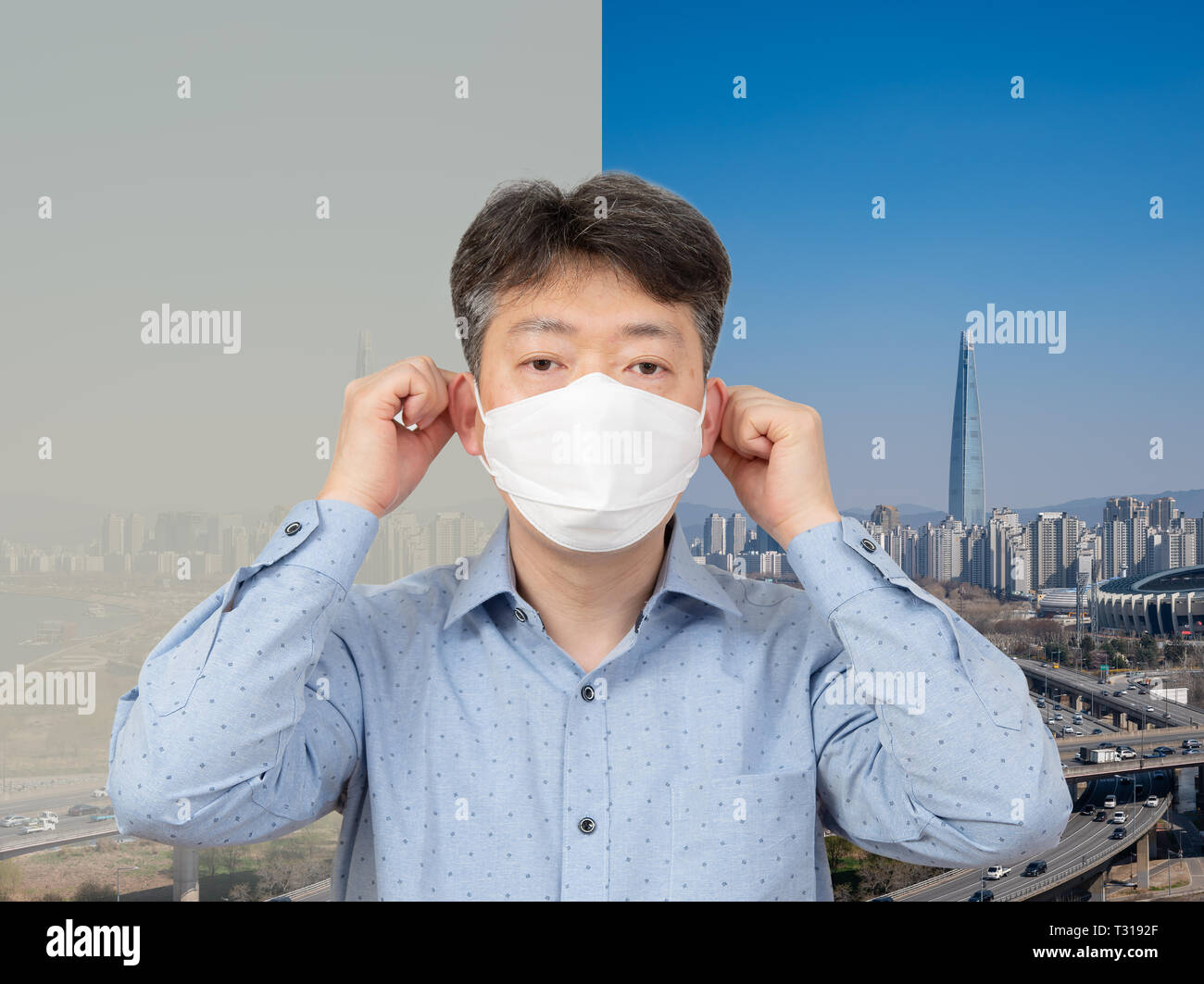 Un homme d'âge moyen portant un masque en arrière-plan d'une ville pleine de poussière fine. Banque D'Images