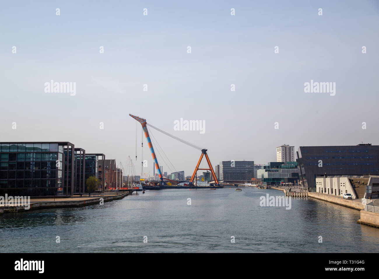 Copenhague, Danemark - 4 Avril 2019 : l'énorme grue flottante Hebo Ascenseur 9 Installation de pièces d'un nouveau pont à vélo sur le port. Banque D'Images