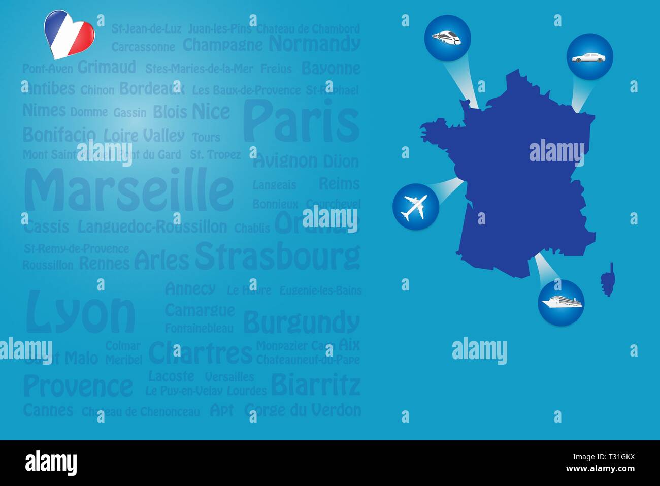 Billet France vecteur modèle montrant l'avion, voiture, train et navire qui approche de la carte française aveugle. Les noms de lieux français transparent sont sur th Illustration de Vecteur