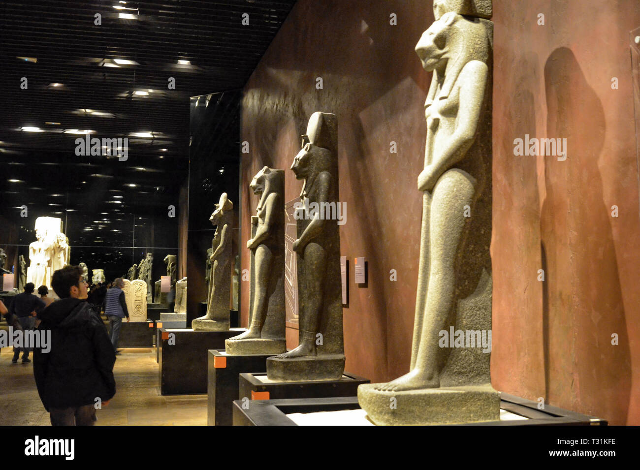 Turin, Piémont, Italie. Mars 2019. Au musée Égyptien, le grand prix dédié aux statues. L'examen des touristes de l'exposition. Banque D'Images