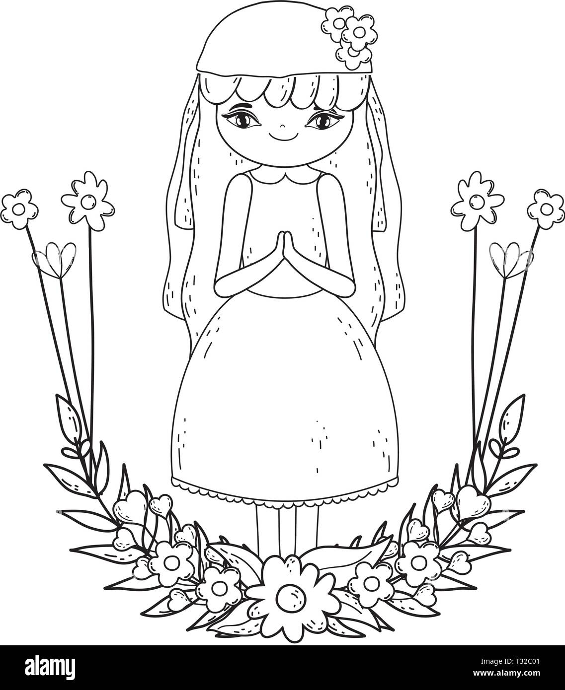 Petite fille aux fleurs guirlande communion célébration vector illustration Illustration de Vecteur