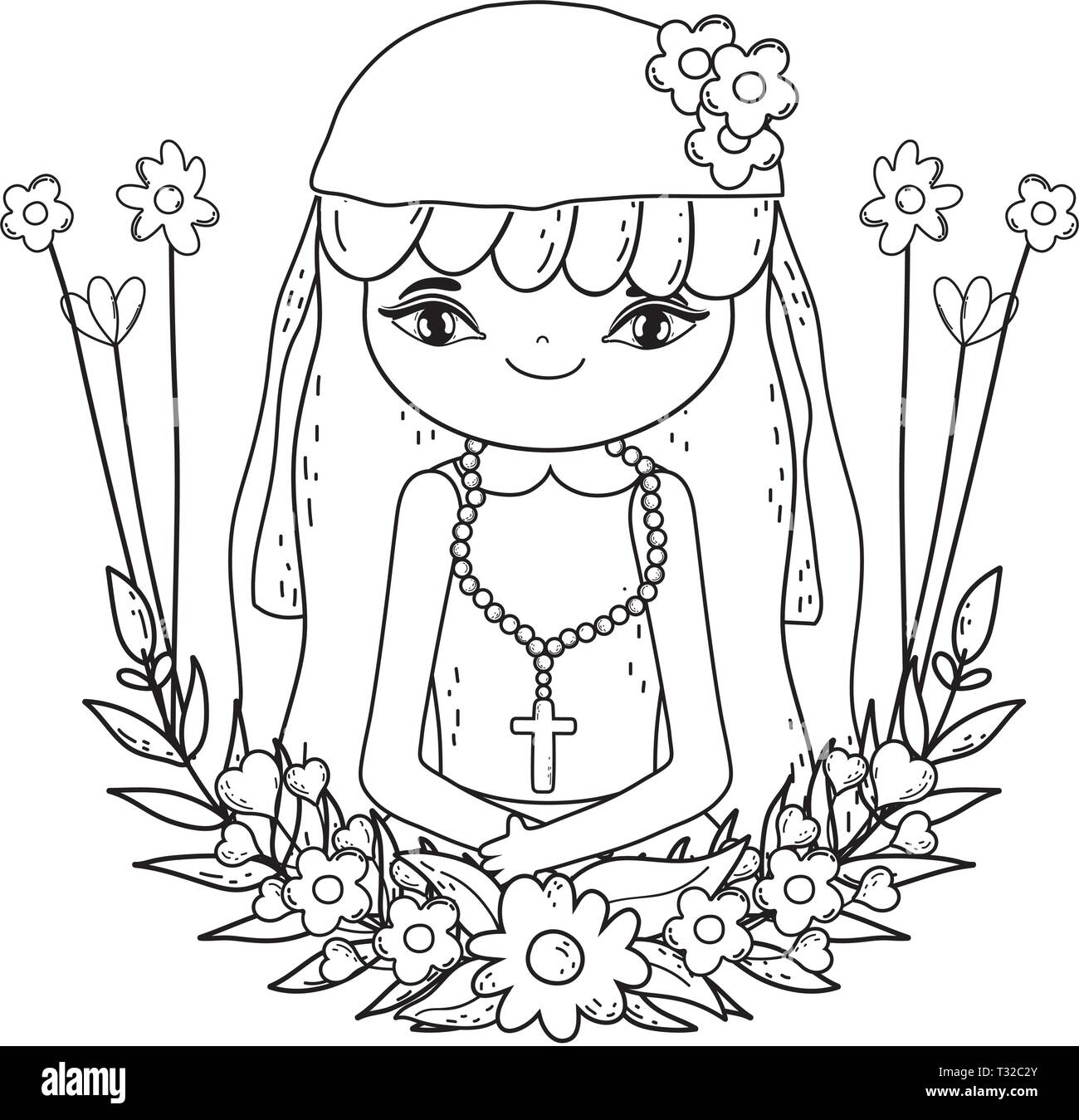 Petite fille aux fleurs guirlande communion célébration vector illustration Illustration de Vecteur