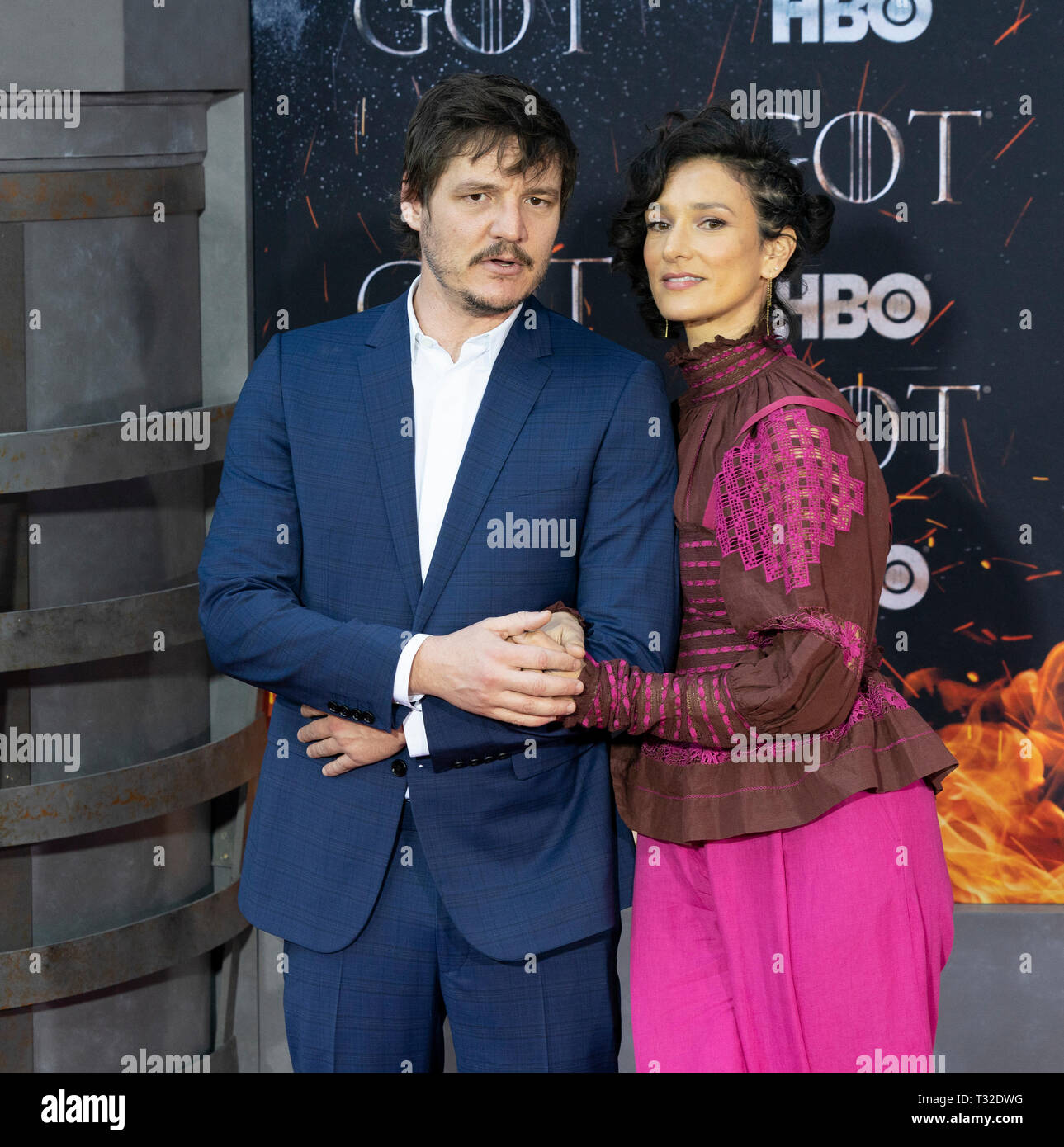 NEW YORK, NY 03 avril : Pedro Pascal et Indira Varma assister à HBO 'Game of Thrones' premiere saison finale au Radio City Music Hall, le 03 avril, 2019 dans Banque D'Images