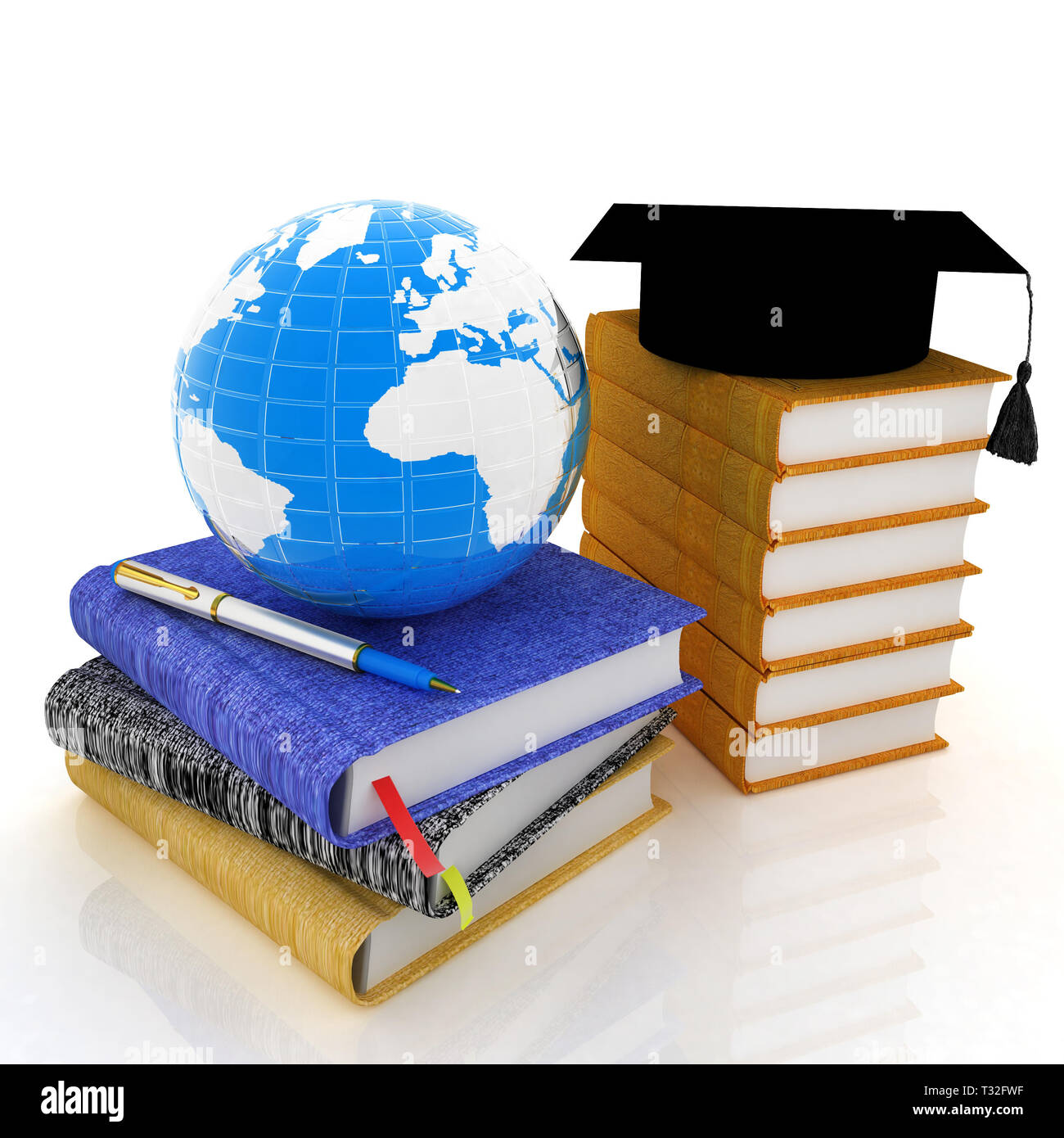 Concept d'apprentissage avec graduation hat, livres en cuir et terre. 3D render Banque D'Images