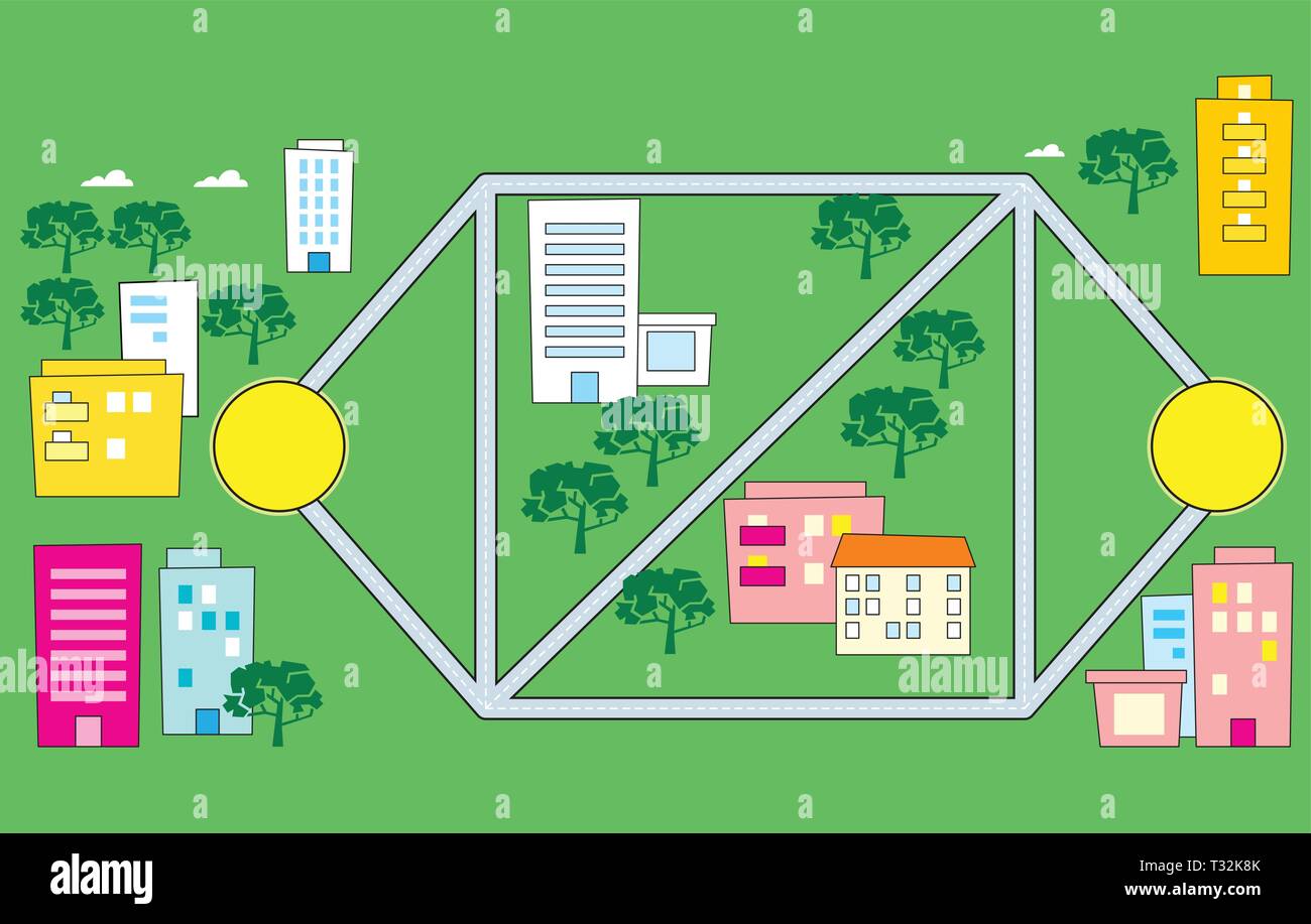 L'illustration montre un diagramme de la rue et une partie de la route, dans le contexte des bâtiments et des arbres. En fait l'illustration cartoon st Illustration de Vecteur