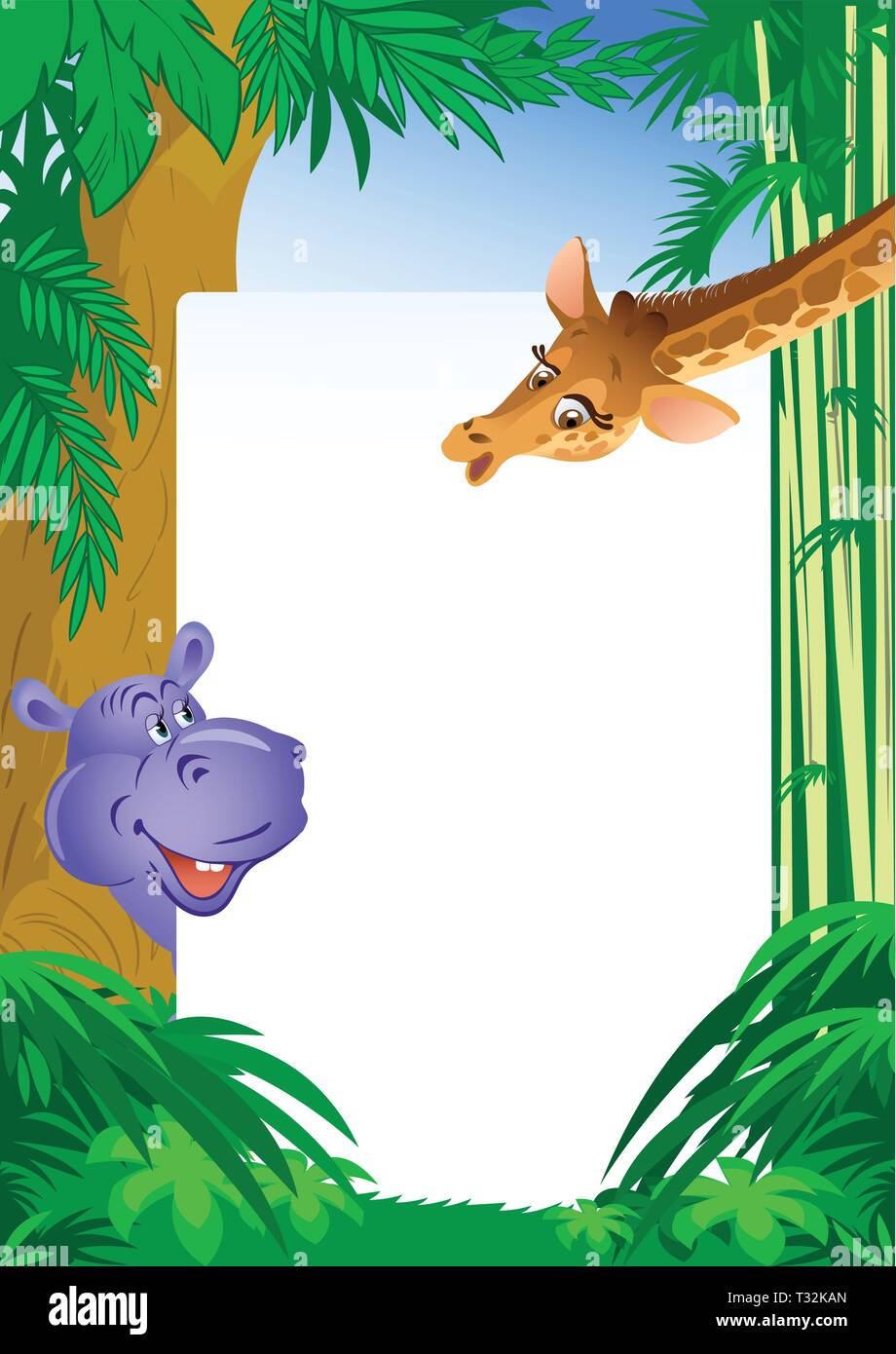L'illustration montre un hippopotame et girafe sur fond blanc pour le texte et jungle. Réalisé dans un style cartoon, sur des calques distincts. Illustration de Vecteur