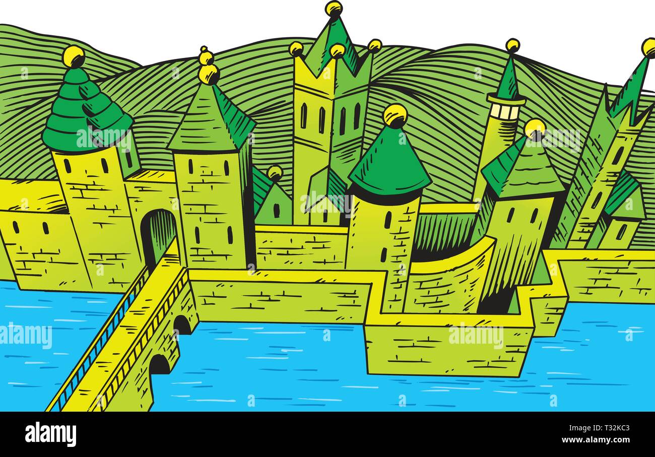 Le vector illustration d'un vieux château en pierre avec un pont et un fossé d'eau, vue du dessus. Illustration de Vecteur