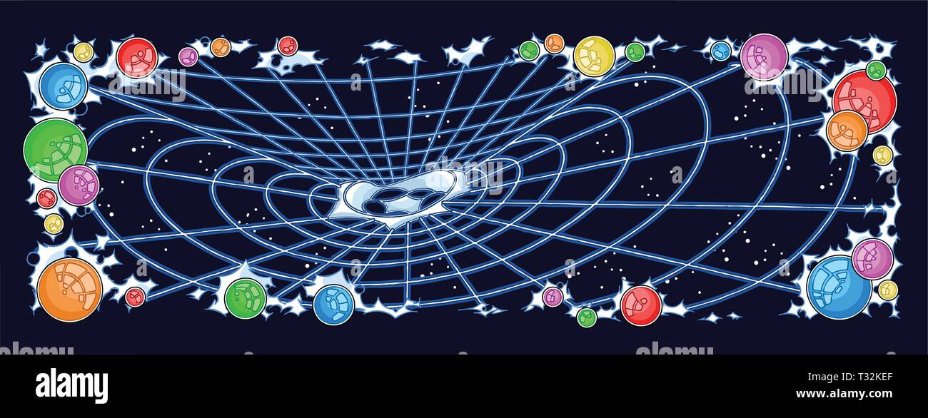 L'illustration montre le web dans un espace. Les étoiles et les planètes autour de lui. Illustration faite sur des calques distincts. Illustration de Vecteur