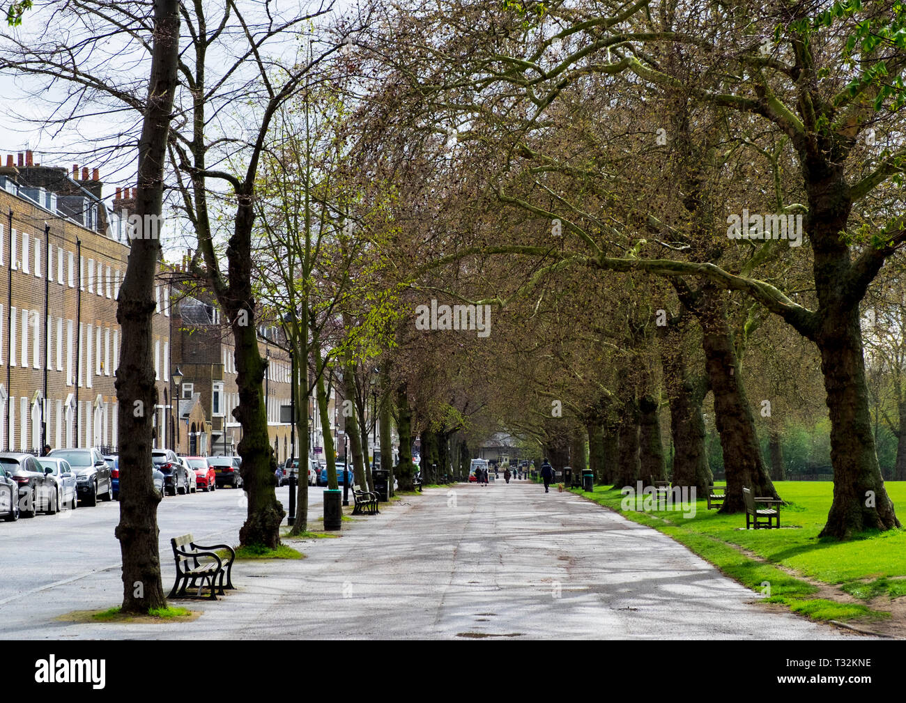 Au début du printemps, le soleil, la large avenue d'un sentier sur les champs à côté de Highbury, London Highbury Banque D'Images