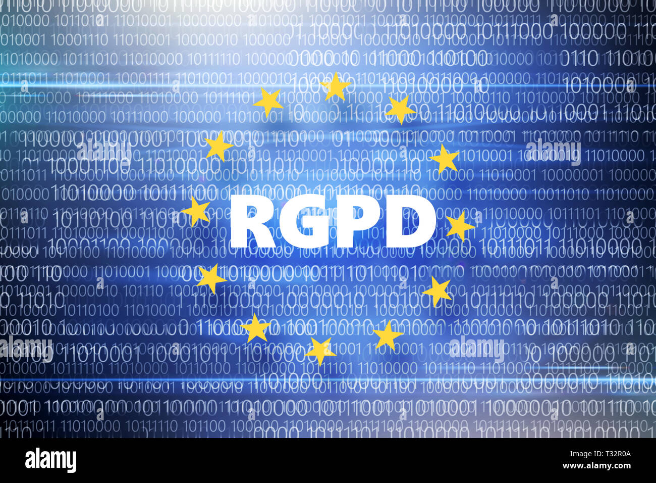 Réglementation générale en matière de protection des données à caractère personnel. Close up inscription en cercle d'étoiles sur fond bleu avec un code binaire Banque D'Images