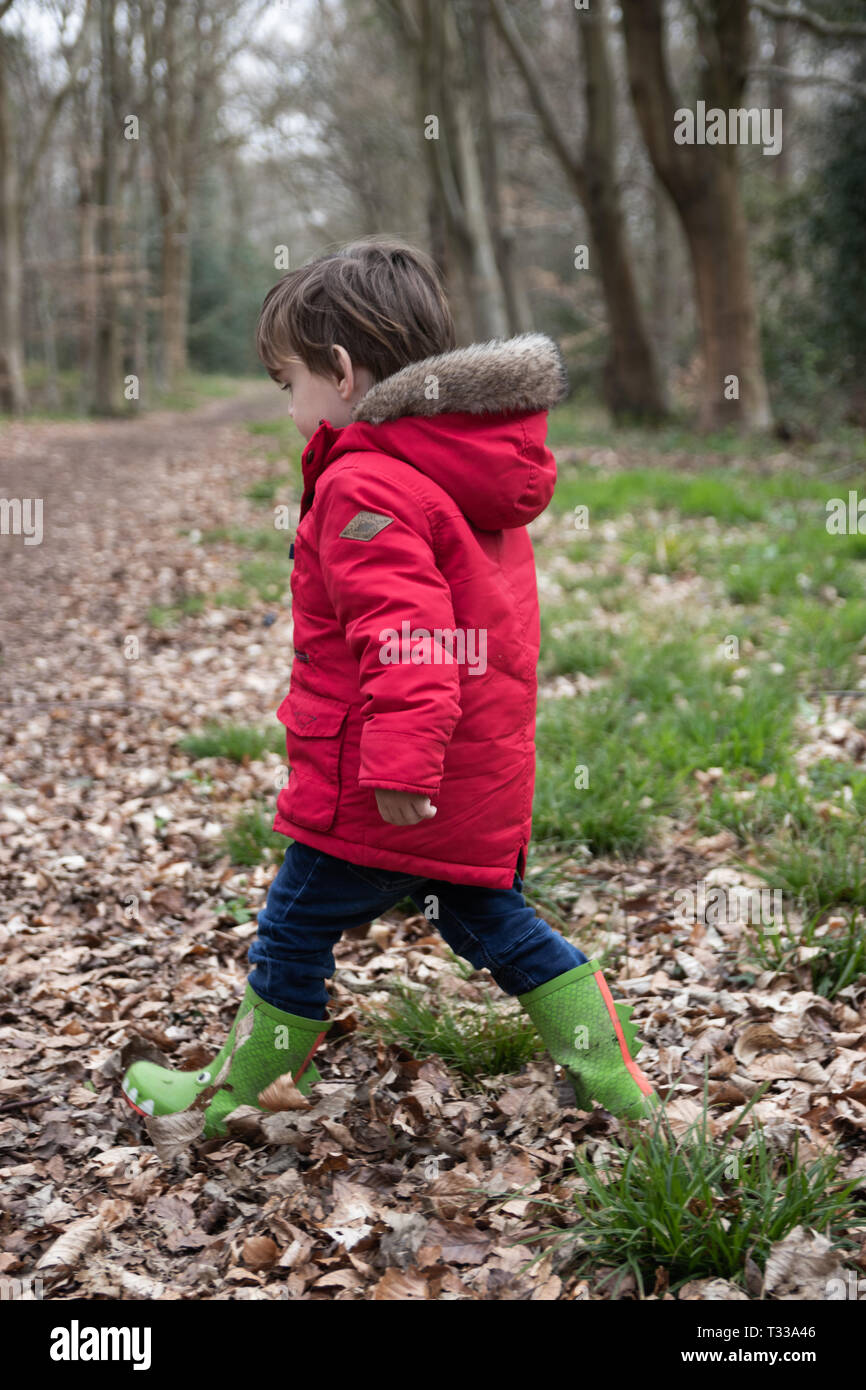 Petit garçon en manteau rouge et vert wellies marcher à travers les bois au  printemps Photo Stock - Alamy