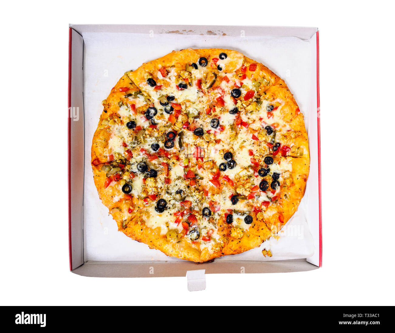 Jast livré chaud pizza à fort isolé . Vue d'en haut Banque D'Images