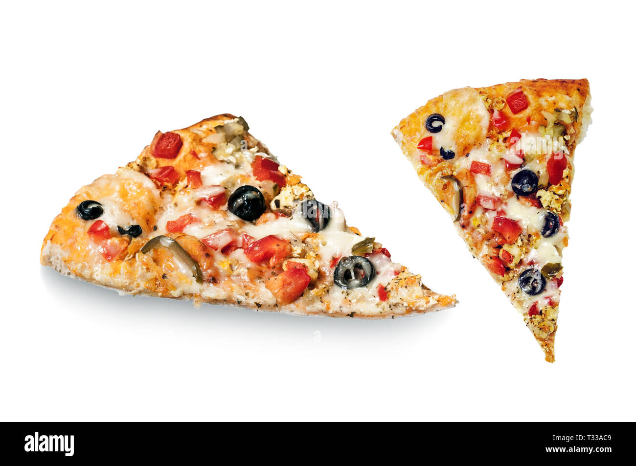 Des morceaux de pizza haut et de côté, isolé sur blanc. Clipping path Banque D'Images