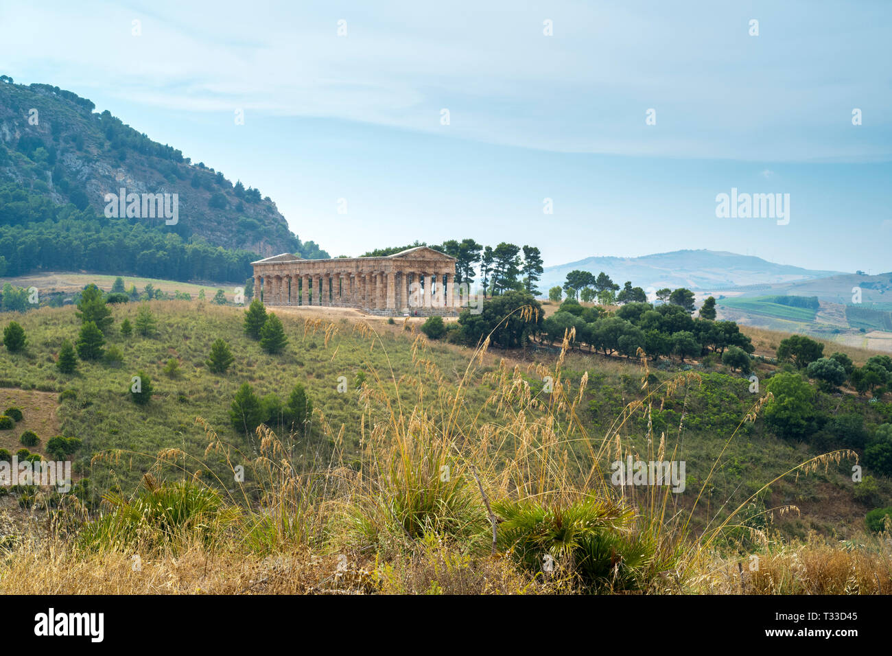 Les anciennes ruines du temple dorique de Ségeste en pierre dans le paysage, Sicile, Italie Banque D'Images
