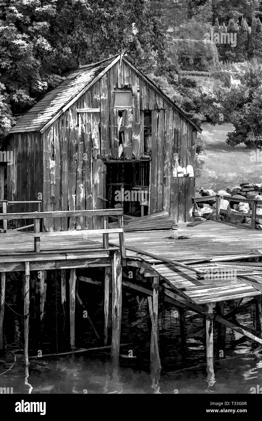 Illustration photo noir et blanc d'une vieille cabane en bois debout sur un quai en charge avec piers par étapes de l'effondrement. New Harbor, Maine, USA. Banque D'Images