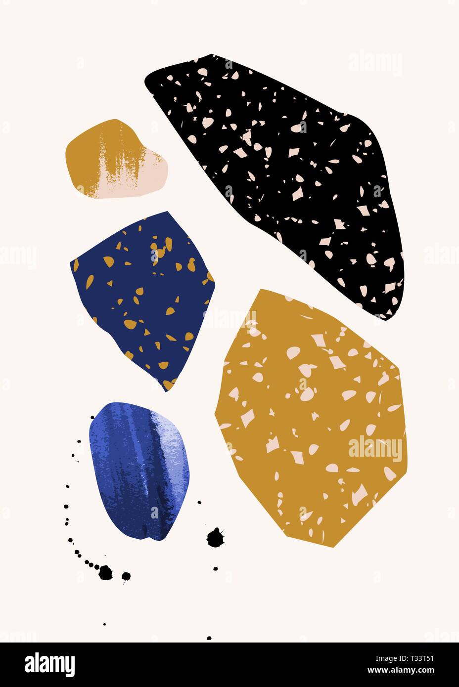 Collage contemporain avec des éléments dessinés à la main, terrazzo, textures et formes géométriques en bleu, jaune, rose et noir sur fond blanc. Résumé de Illustration de Vecteur