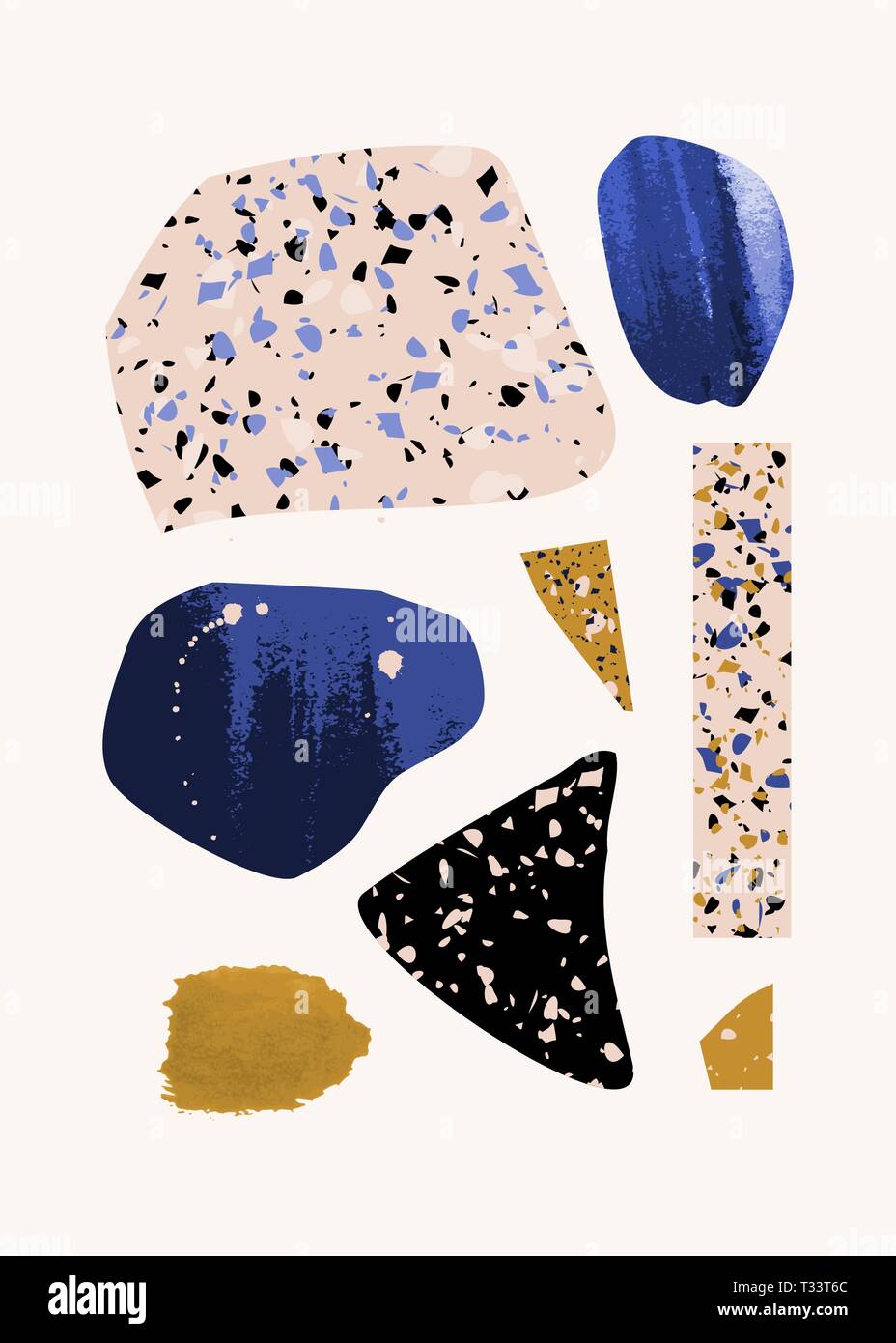Collage contemporain avec des éléments dessinés à la main, terrazzo, textures et formes géométriques en bleu, jaune, rose et noir sur fond blanc. Résumé de Illustration de Vecteur