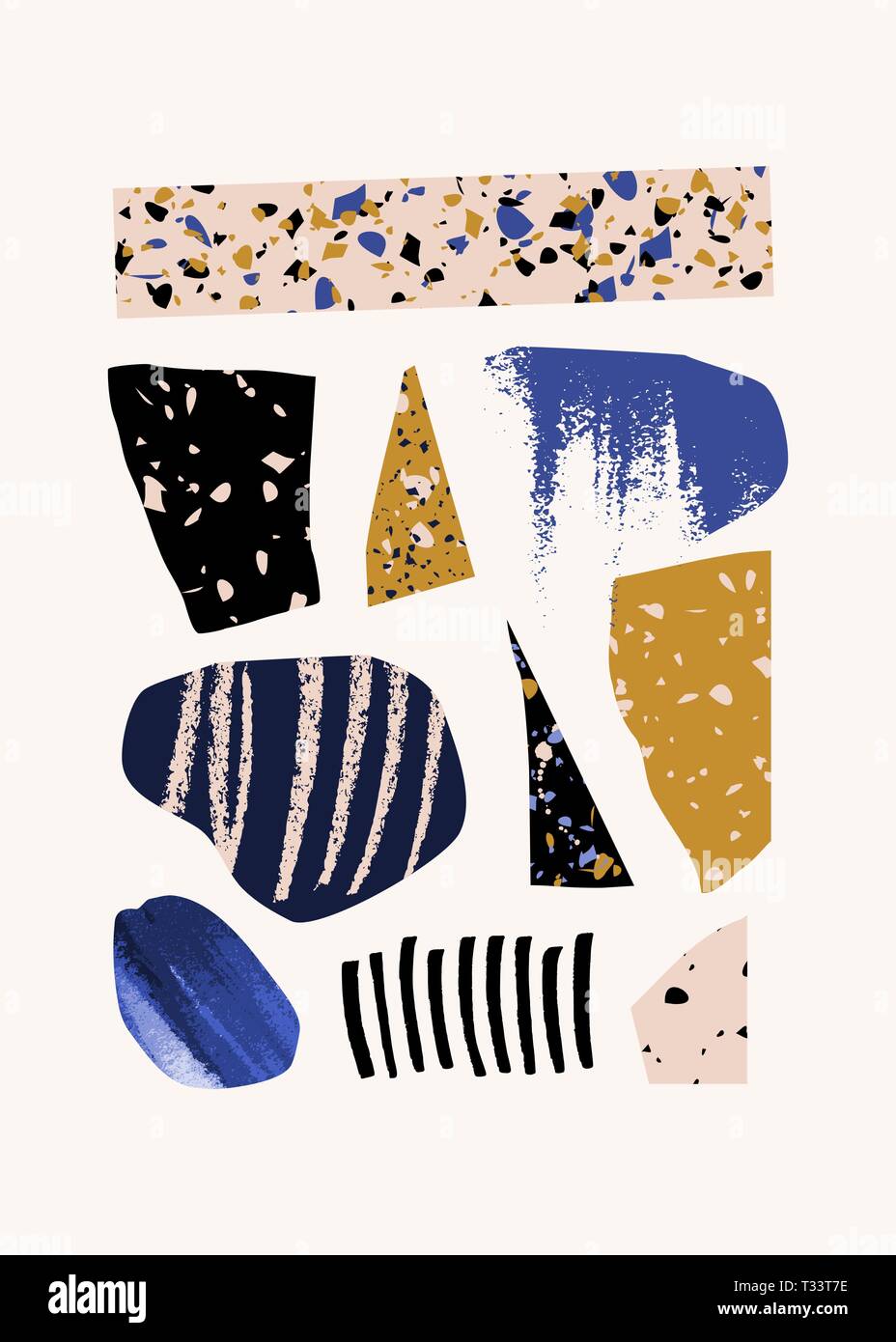 Collage contemporain avec des éléments dessinés à la main, terrazzo, textures et formes géométriques en bleu, jaune, rose et noir sur fond blanc. Résumé de Illustration de Vecteur