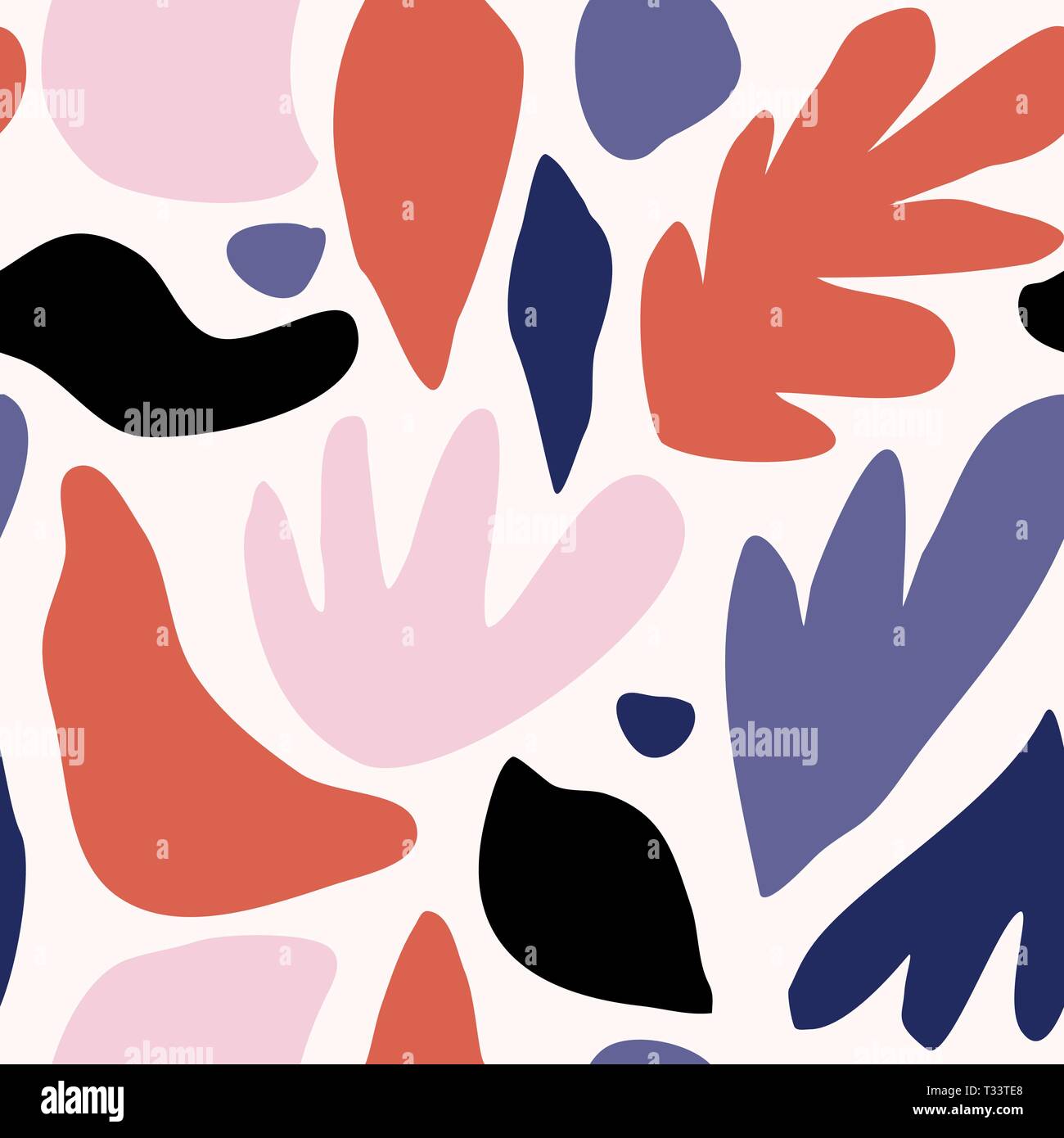Motif répétitif sans couture avec formes abstraites et d'éléments floraux en rouge, rose, lavande, bleu et noir sur fond blanc. Moderne et ludique con Illustration de Vecteur
