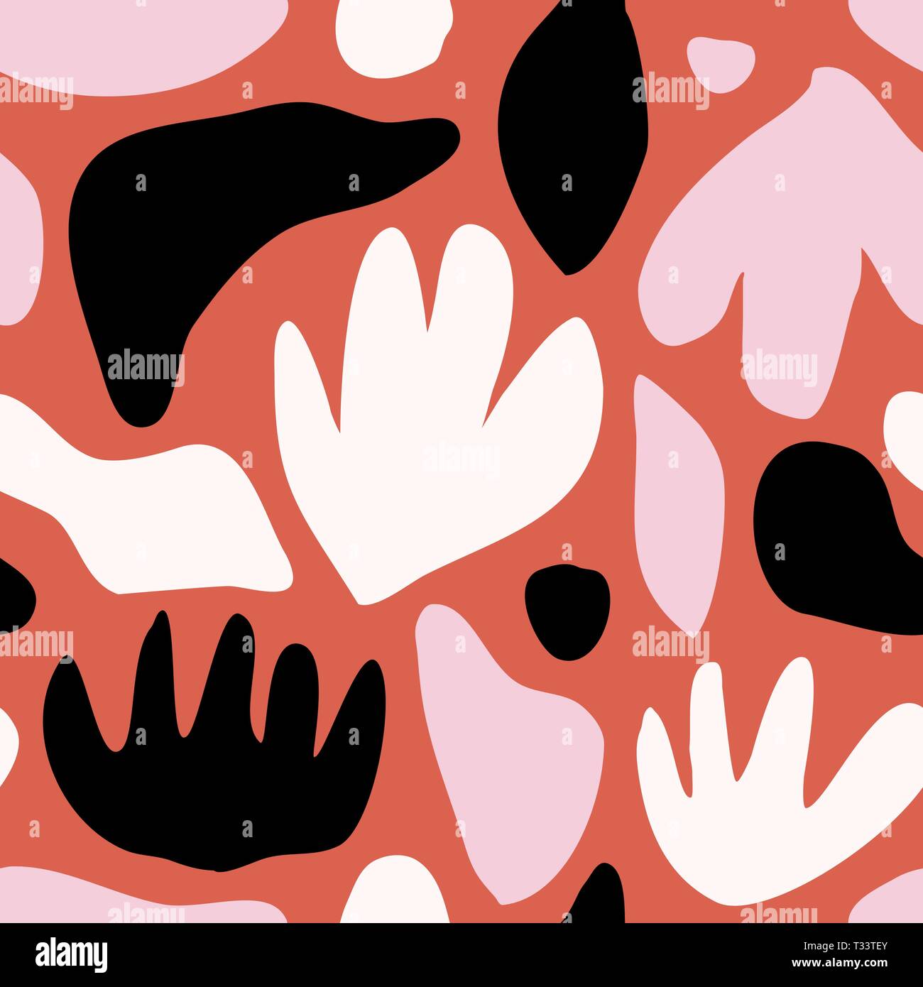 Motif répétitif sans couture avec formes abstraites et d'éléments floraux en blanc, rose et noir sur fond rouge. Ludique et contemporaine moderne collag Illustration de Vecteur