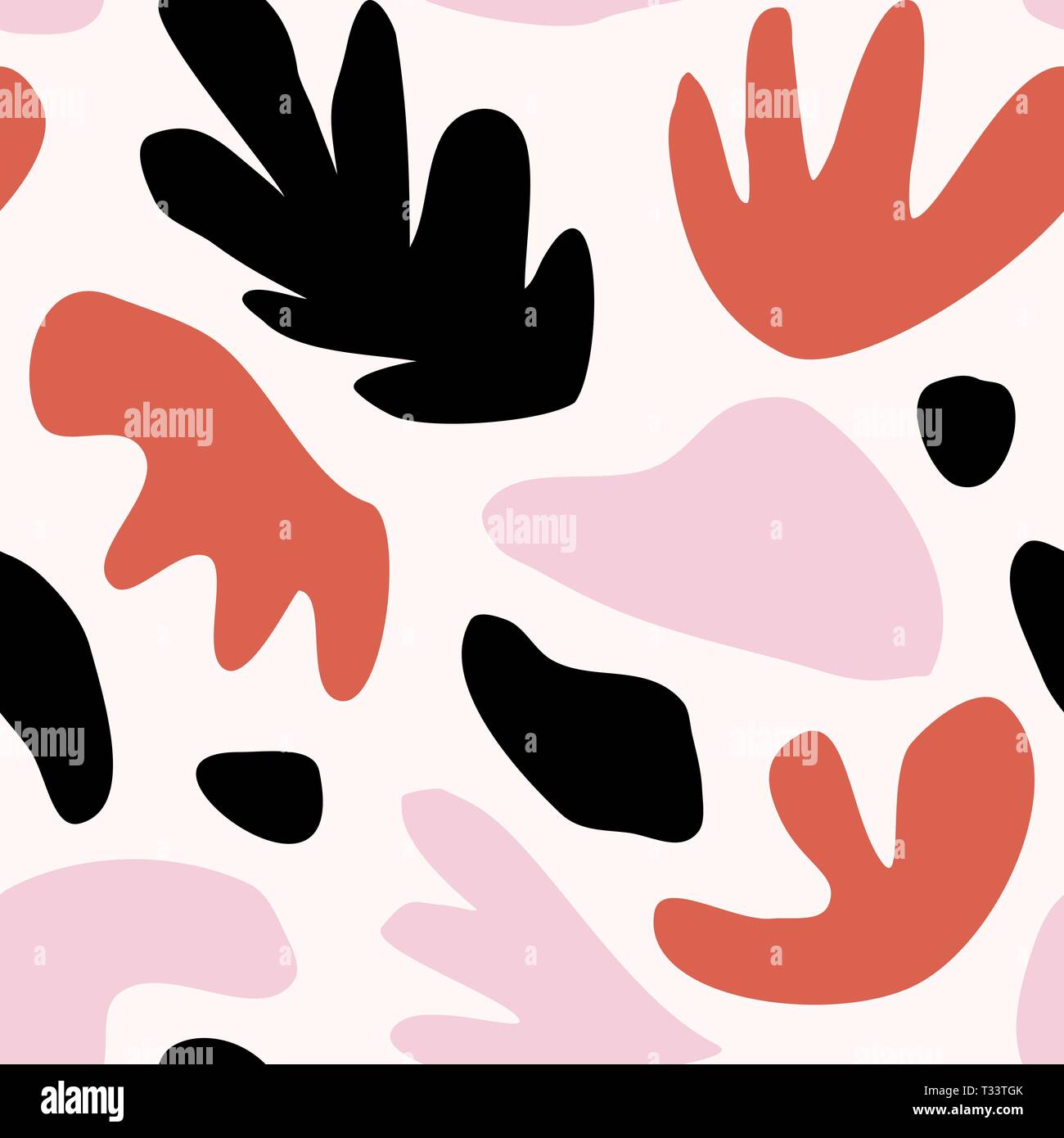 Motif répétitif sans couture avec formes abstraites et d'éléments floraux en rouge, rose et noir sur fond blanc. Ludique et contemporaine moderne collag Illustration de Vecteur