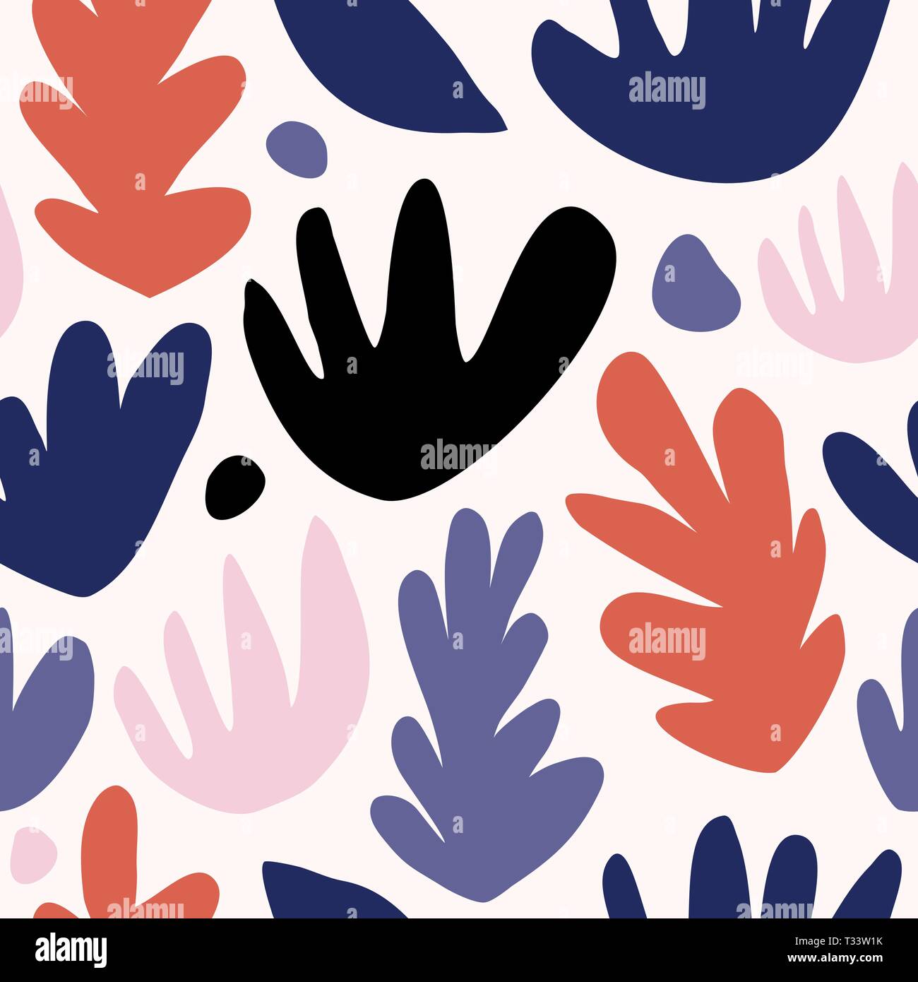 Motif répétitif sans couture avec formes abstraites et d'éléments floraux en rouge, rose, lavande, bleu et noir sur fond blanc. Moderne et ludique con Illustration de Vecteur