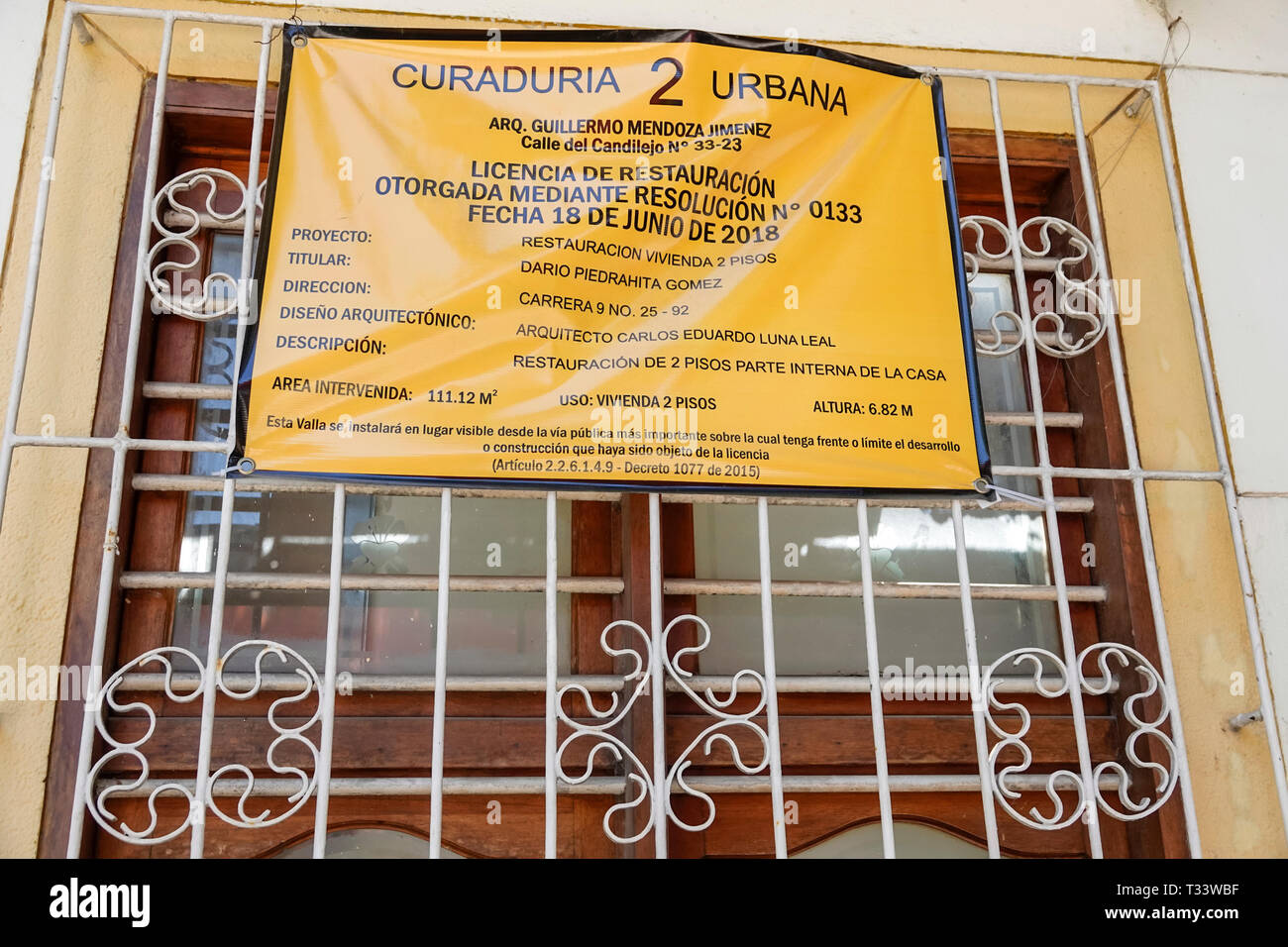 Cartagena Colombie,Centre,centre,Getsemani,signez avis permis de construction licence de restauration,langue espagnole,COL190121072 Banque D'Images