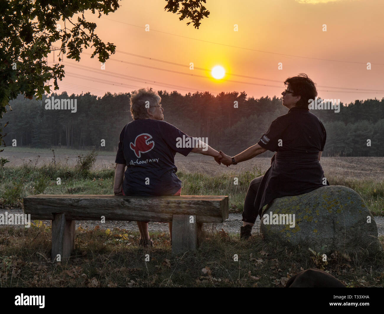 Deux femmes regardant un coucher de soleil dans la Lueneburger Heide près de Mechtersen, Niedersachsen, Allemagne. Banque D'Images