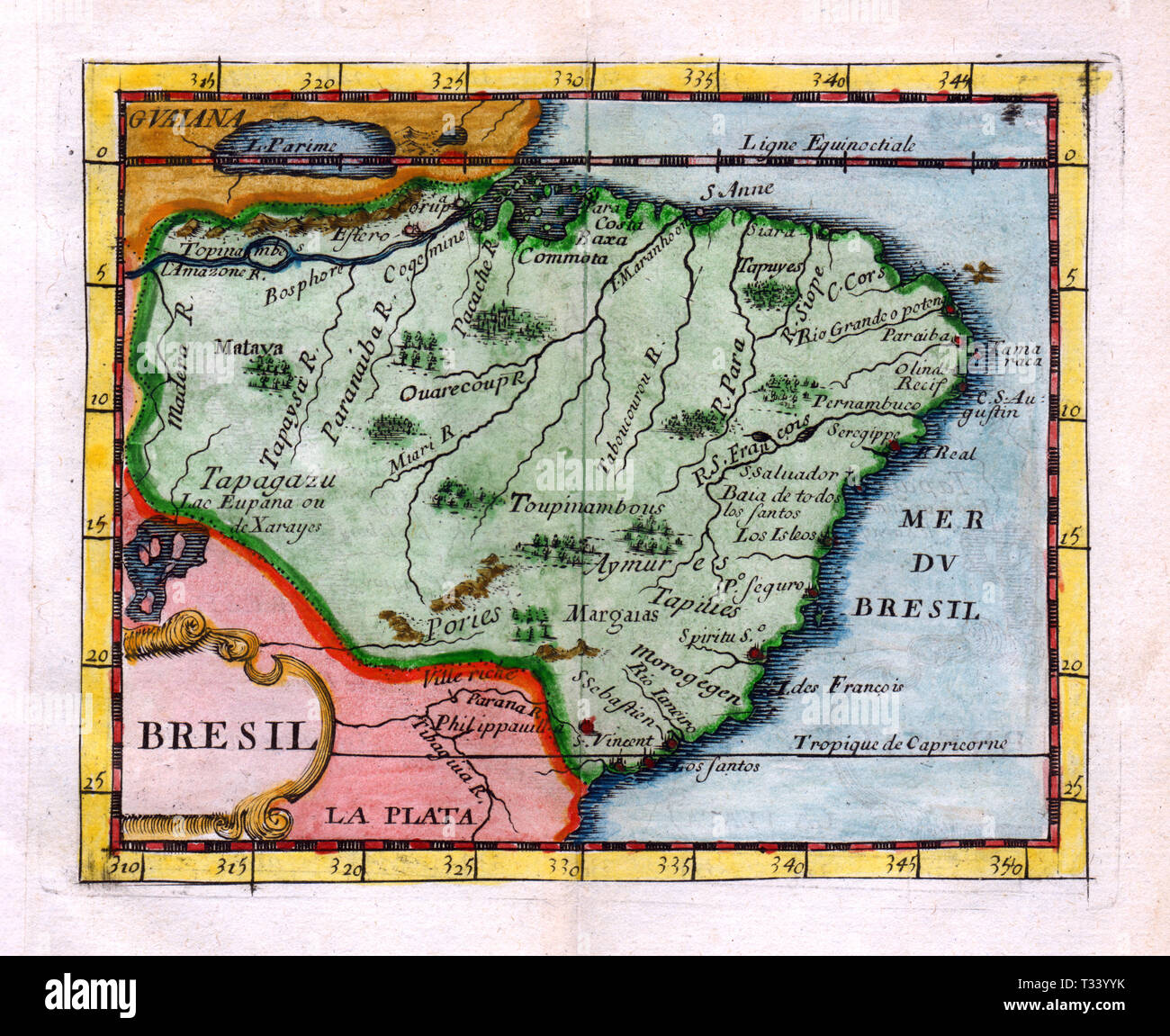 Carte antique du Brésil en Amérique du Sud par Pierre Duval, publié à Paris, 1682 Banque D'Images