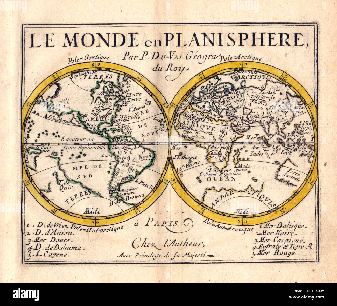 Carte antique du monde en deux hémisphères par Pierre Duval, publié à Paris, 1682 Banque D'Images